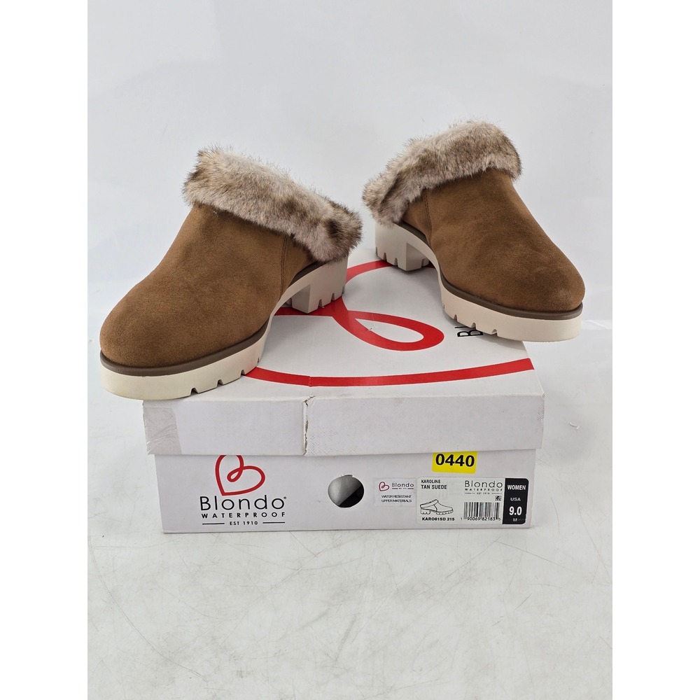 Blondo Karoline Mules Women 9.0 Tan Suede Faux Fur Waterproof - Excellent